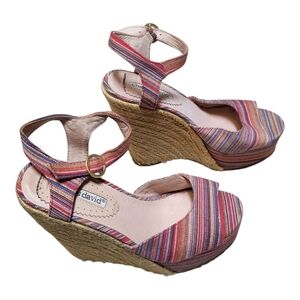 Charles David Pink and Tan Wedge Sandals with Ankle Strap